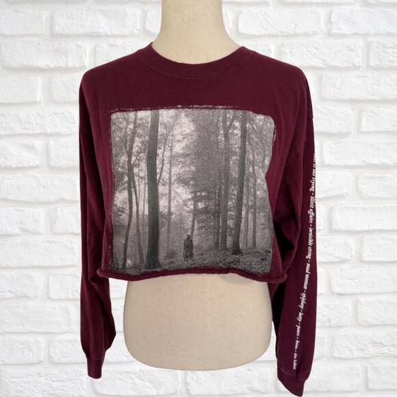 Taylor Swift Long Sleeve Crop Top Folklore Burgundy Merch T-Shirt Cropped Large - Picture 1 of 6